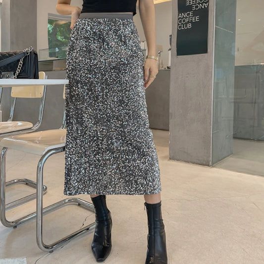 Korean Fashion Sequin Design Long Skirts for Women All Season Ladies Casual Streetwear All Match Sexy Midi Skirt Cheap Wholesale